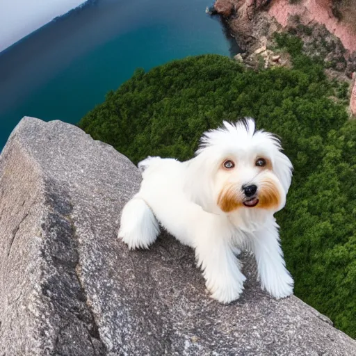 Prompt: a cream-colored havanese dog rock climbing, gopro photo, 4k