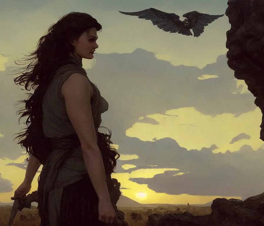 Prompt: portrait of rachel weisz as winged angel. watches the sunset. confident pose. lush landscape. concept art by greg rutkowski, john j. park, jason chan, noah bradley, feng zhu, gintas galvanauskas, gustave courbet, rosa bonheur, edward hopper. sharp focus, cinematic atmosphere, detailed and intricate, perfect anatomy