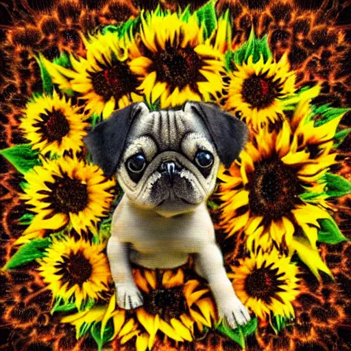 Image similar to cute little doggie puppy made completely out of sunflowers 8 k psychedelic deepdream