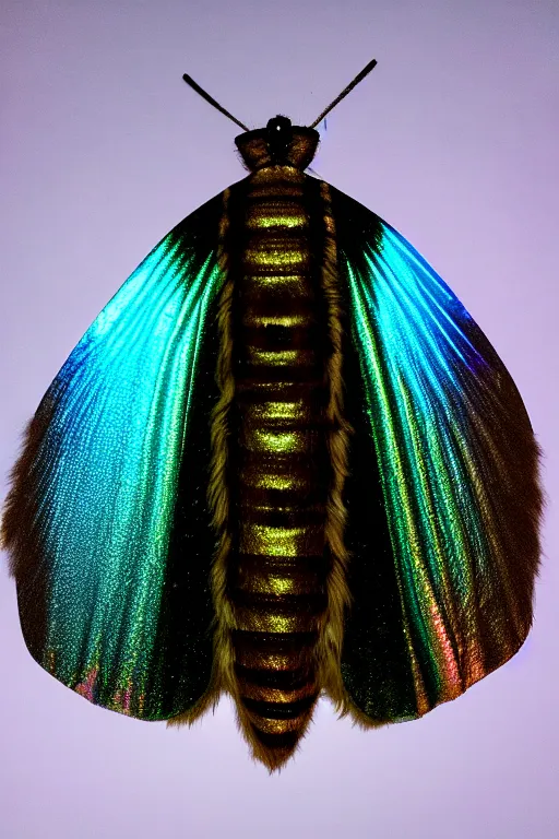 Image similar to high quality macro photo gothic furry iridescent moth! jewelled gorgeous! highly detailed david ligare elson peter cinematic blue neon lighting high quality low angle hd 8k sharp shallow depth of field