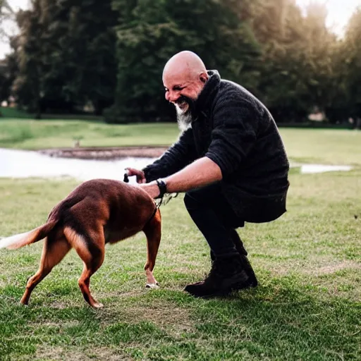 Prompt: a man having fun with his dog in the park