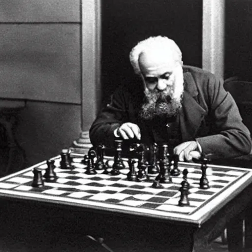 Prompt: Karl Marx playing chess against cat, photograph 1960, detailed