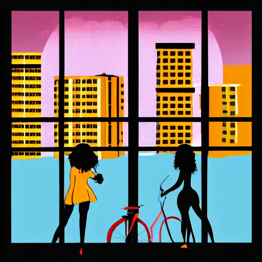 Prompt: View from window on megapolis, silhouette of women who watches to the window, cartoon, 2D