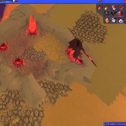 Image similar to TzKal-Zuk at the Inferno, old school runescape, lava river, magma, large shield of magma, obsidian pillars