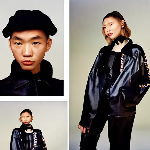 Image similar to realistic photoshooting for a new balenciaga lookbook, color film photography, portrait of a blonde asian woman, model wearing a motorcycle jacket, photo in style of tyler mitchell, 3 5 mm,