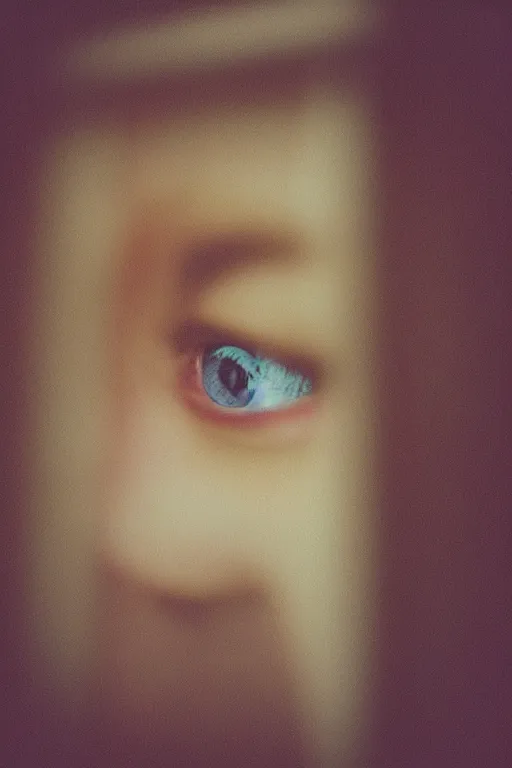 Image similar to kodak portra 4 0 0 photograph of a person looking out through their window, eye, beautiful eye, close up, telephoto, faded effect, grain,