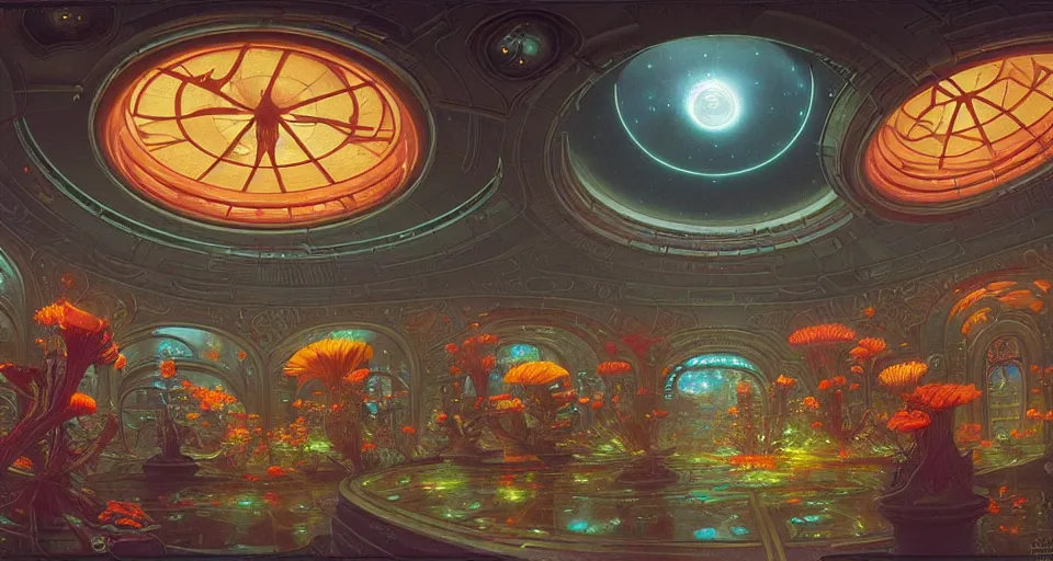 Image similar to fish eye lens a bright minimalist bioluminescent oil painting by donato giancola, warm coloured, cinematic scifi luxurious futuristic foggy steam filled victorian garden mall interior with microscopy radial windows flowers growing out of pretty bulbous ceramic fountains, gigantic pillars and flowers, maschinen krieger, beeple, star trek, star wars, ilm, atmospheric perspective