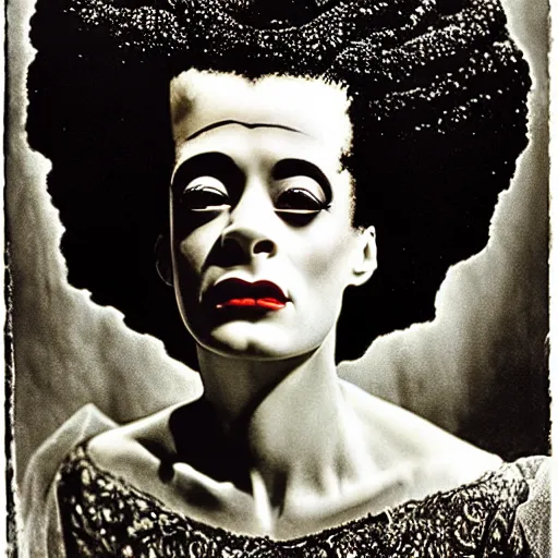 Image similar to a dramatic cinematic portrait photograph of bride of frankenstein influenced by gustav klimt.