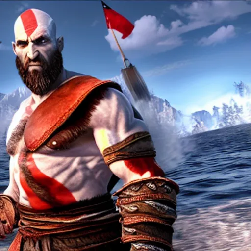 Image similar to screenshot of the game God of War with Kratos jumping waves on a jetski | Sony Pictures official media