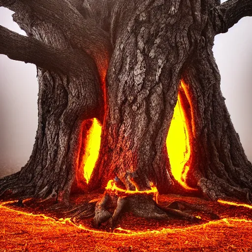 Image similar to hollow oak tree on fire, portrait, intricate, photograph, fog extreme details cinematic masterpiece