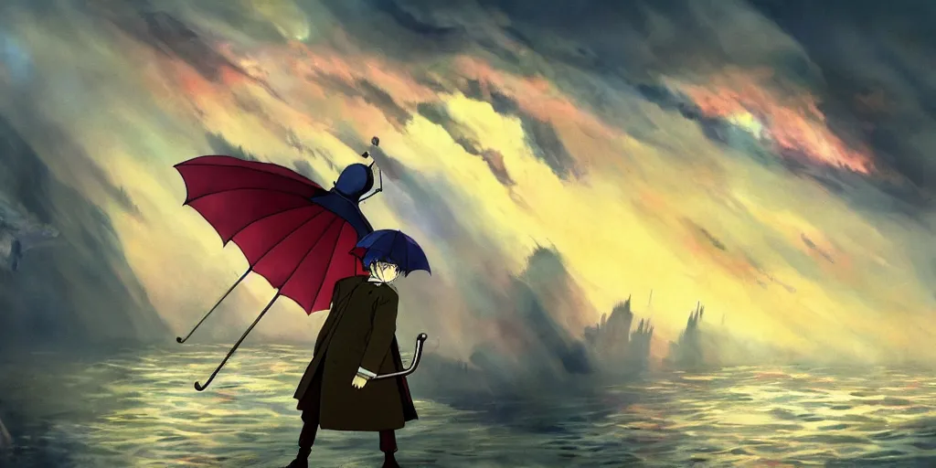 Image similar to a realistic and atmospheric cell - shaded concept art from howl's moving castle ( 2 0 0 4 ) of a multi - colored wyvern in the air. a man with an umbrella is standing in a flooded city. it is a misty starry night. very dull muted colors, hd, 4 k, hq