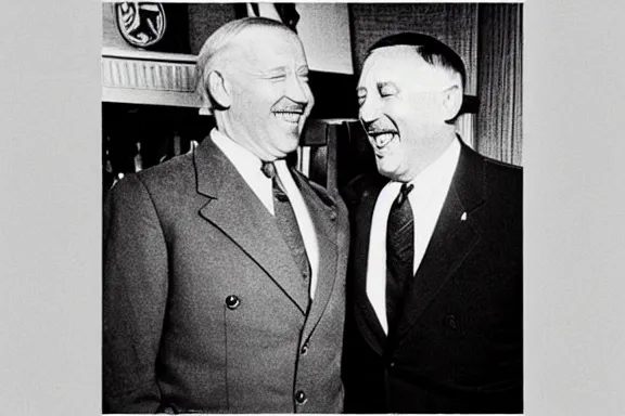 Image similar to “ very very intricate photorealistic photo of hitler and joe biden laughing together, detailed natural lighting, award - winning crisp details ”