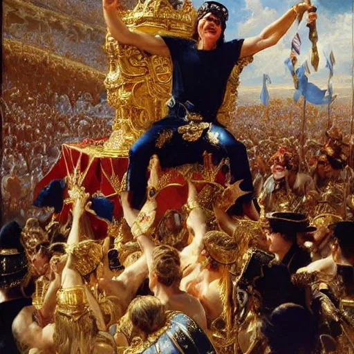 Prompt: tom cruise wearing a golden crown after overcoming his fear or death, standing above a cheering crowd, highly detailed painting by gaston bussiere and j. c. leyendecker 8 k