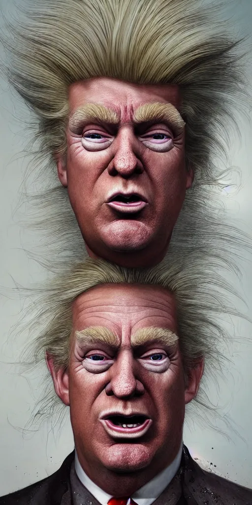 Image similar to hyperrealistic mixed media painting of Trump as a Norwegian Troll doll, stunning 3d render inspired art by P. Craig Russell and Barry Windsor-Smith + perfect facial symmetry + dim volumetric lighting, head and shoulders, serious expression, 8k octane beautifully detailed render, post-processing, extremely hyperdetailed, intricate, epic composition, grim yet sparkling atmosphere, cinematic lighting + masterpiece, trending on artstation, very detailed, masterpiece, stunning