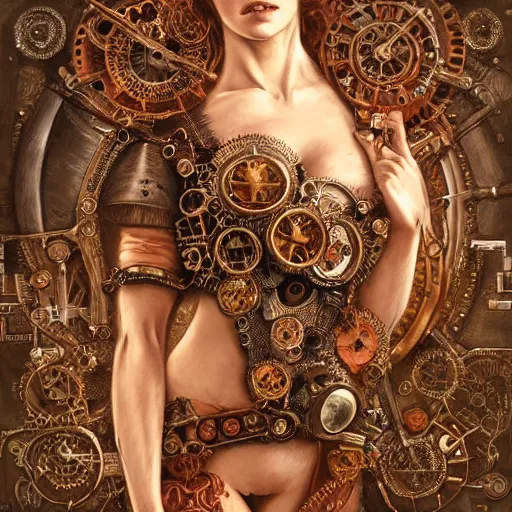 Image similar to A steampunk beautiful goddess, she is curly, she is embellished with gears wheels and gemstones, by William Holman Hunt, Greg Rutkowski, Stanely Artgerm, Tooth Wu, Peter Gric, Aaron Horkey, trending on Artstation, digital art, mythological, symmetrical artwork, cinematic lighting, hyper realism, high detail, octane render, ultra realistic, golden ratio, 4k, 8k