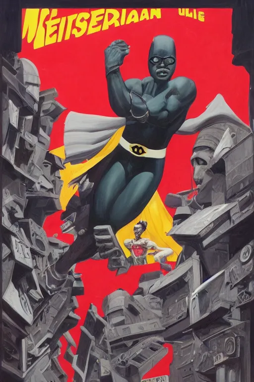 Image similar to nigerian superhero, an ultrafine detailed painting by john philip falter, austin briggs, cg society, american scene painting, dystopian art, american realism, academic art, movie poster, poster design, concert poster