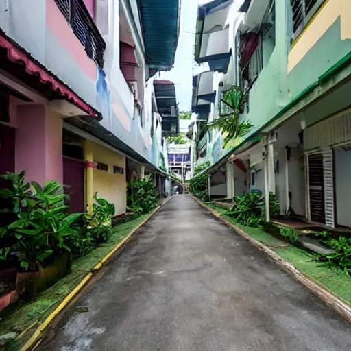 Prompt: walking through an old housing estate in singapore