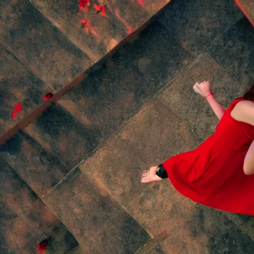 Prompt: a girl in a red dress climbing'' infinite stairs to heaven'' top view, sunset light, cinematic image, hyperrealistic, low iso, 4 k
