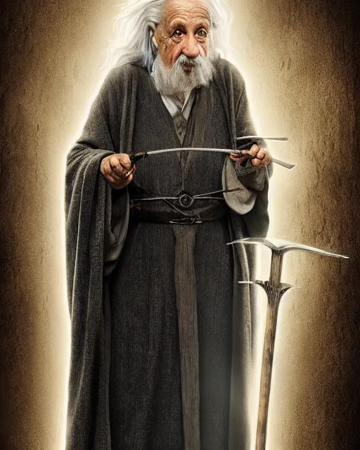 Prompt: Albert Einstein as Gandalf, Lord of the Rings, elegant robe, portrait art, wooden glowing staff, dark fantasy forest, fine details, perfect, 8k high detail, masterpiece, trending on ArtStation