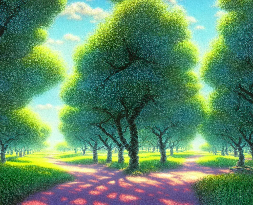 Prompt: a landscape pastel in the style of noriyoshi ohrai, mark tedin and bob ross of an orchard where all the trees are made of chrome metal. a path leads through th eorchard key art. 4 k retrofuturistic fantasy