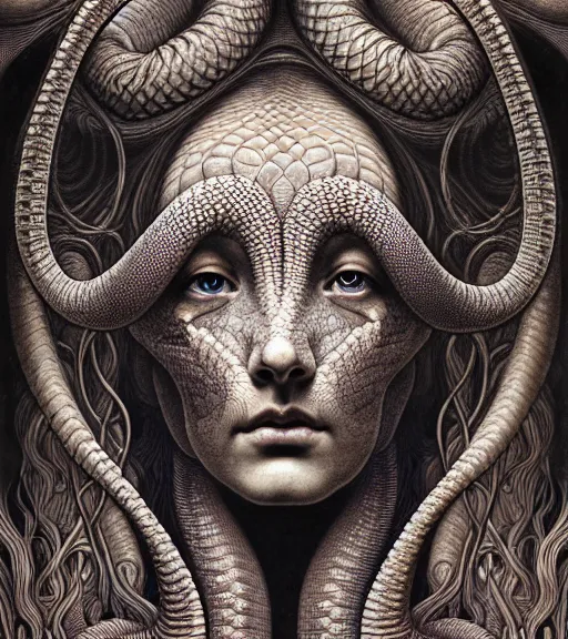 Image similar to detailed realistic beautiful snake goddess face portrait by jean delville, gustave dore, iris van herpen and marco mazzoni, art forms of nature by ernst haeckel, art nouveau, symbolist, visionary, gothic, neo - gothic, pre - raphaelite, fractal lace, intricate alien botanicals, ai biodiversity, surreality, hyperdetailed ultrasharp octane render