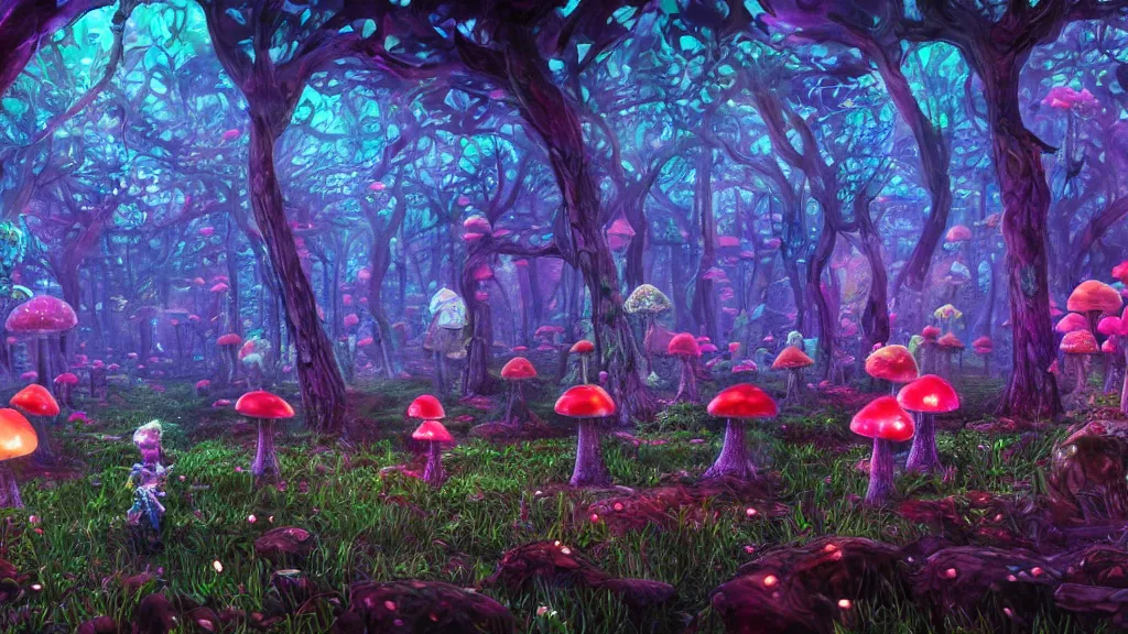 Prompt: 8k, acid trip, hall of mirrors, ultra detailed, a hyperrealistic image of a mycelium forest with neon glowing mushrooms, with magical creatures, in the style of earthbound ,trending on patreon, artstation, deviantart. Unreal engine