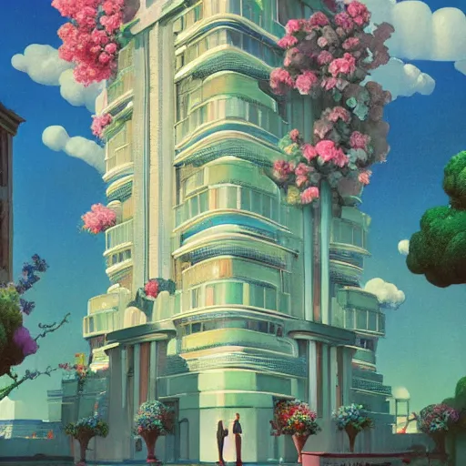 Image similar to a painting of an art deco building surrounded by flowers, a watercolor and matte painting by beeple and rhads and maxfield parrish, cgsociety, artdeco, dystopian art, sci - fi, artstation hq