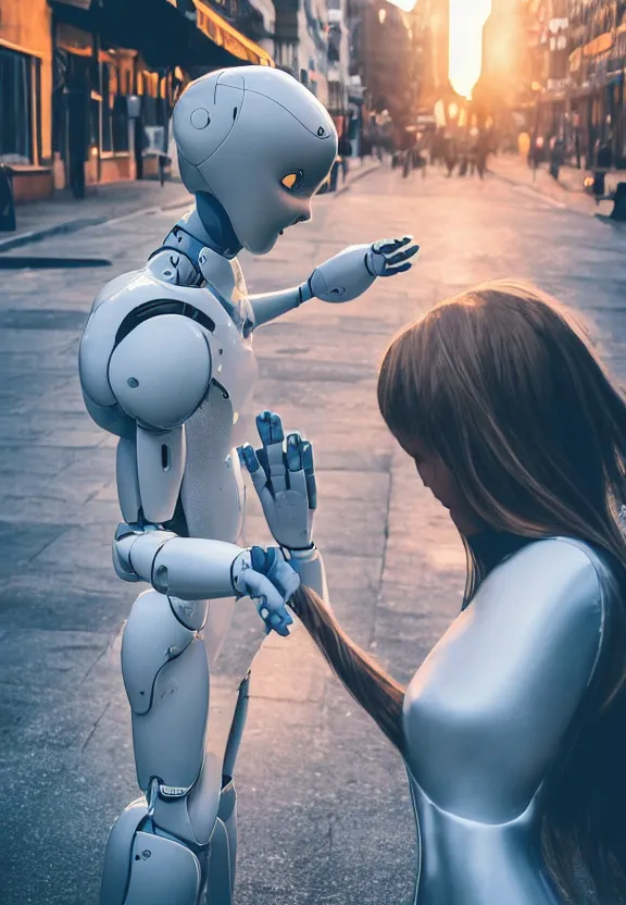 Image similar to a calming photograph of a slender, humanoid robot caresses a beautiful human woman in the face, large shot, wide shot, in a street, sunset photo