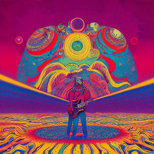 Prompt: a psychedelic record jacket of khruangbin band by james jean, paul lehr, krizpii, christian orrillo, risography print,