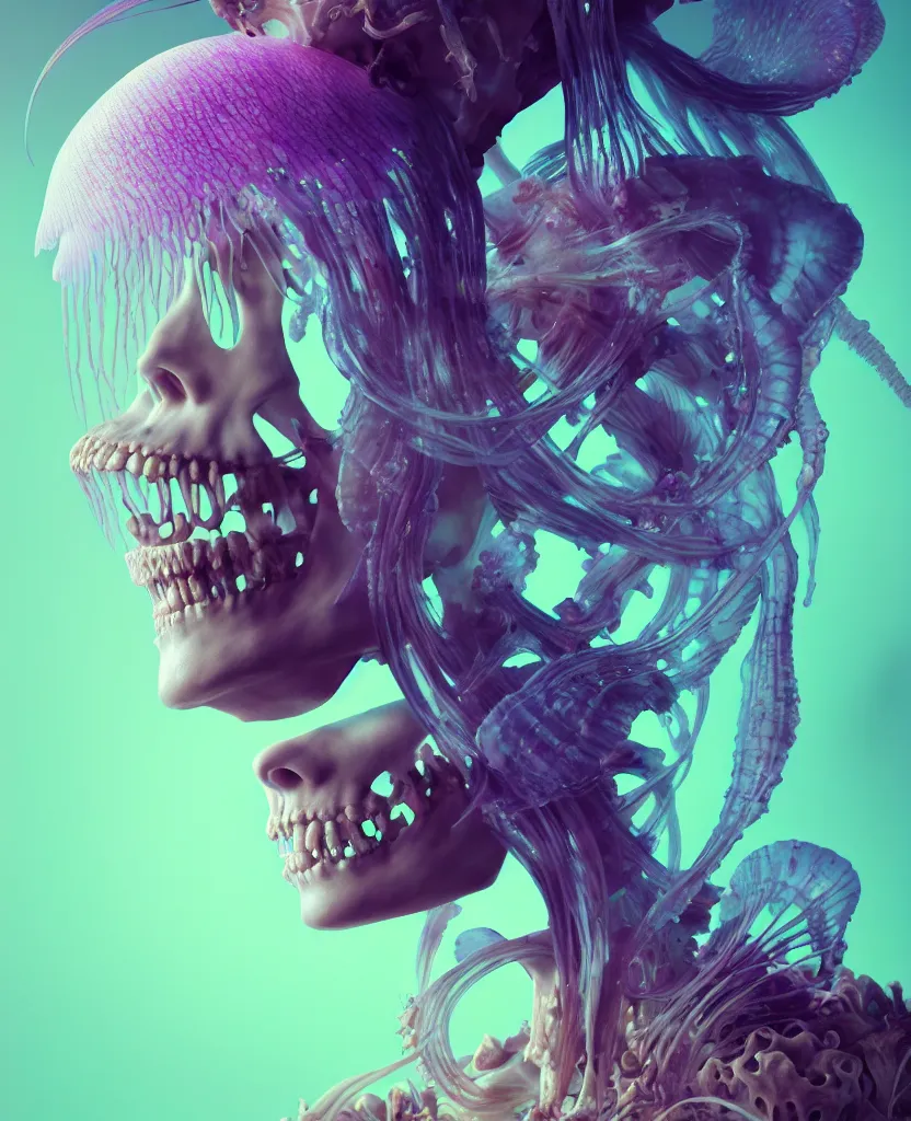 Image similar to goddess close - up portrait human skeleton, ram skull, jellyfish, orchid, betta fish, bioluminiscent, intricate artwork by tooth wu and wlop and beeple. octane render, trending on artstation, greg rutkowski very coherent symmetrical artwork. cinematic, hyper realism, high detail, octane render, 8 k