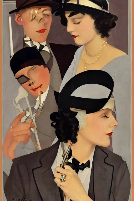 Prompt: a painting depicting Jazz Age high society people, 1920s style, smooth, highly detailed, high contrast, Coles Phillips, Dean Cornwell, JC Leyendecker, 8K