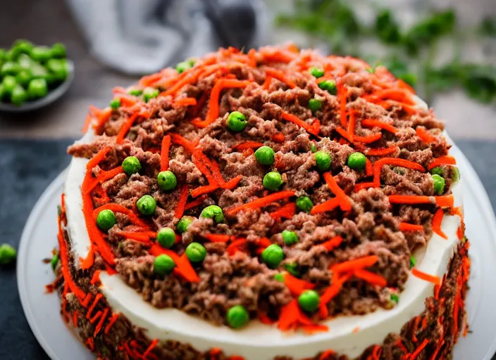 Image similar to dslr food photograph of a birthday cake iced with mashed potatoes and topped with ground beef carrots and peas, 8 5 mm f 1. 8