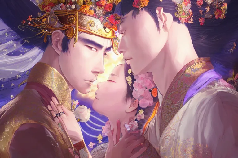 Image similar to a dreamlike portrait of wedding photograph close up moment of a divine a taiwan sun god and moon goddess lovers magician at a wedding banquet. portraiture. digital painting. artstation. concept art. fantasy wedding photo. digital painting, 8 k realistic, hyper detailed, by makoto shinkai and akihiko yoshida and hidari and wlop