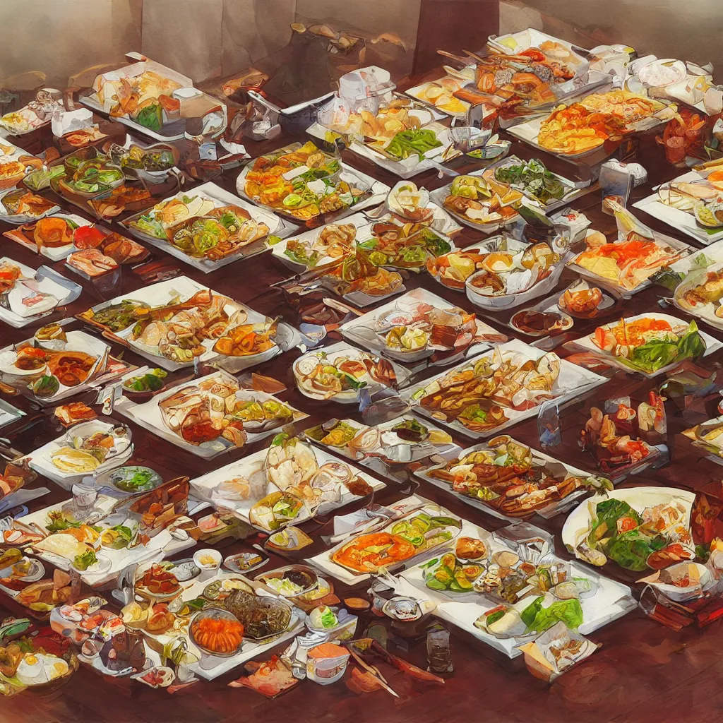 Image similar to a painting of a table full of japanese foods, concept art by taro yamamoto, pixiv contest winner, auto - destructive art, official art, concept art, pixiv