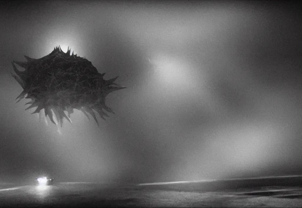 Image similar to light coming out of pulgasari the kaiju starfish monster, korean film noir, fog, 4 k, video compression, video glitch, monochrome, orson welles