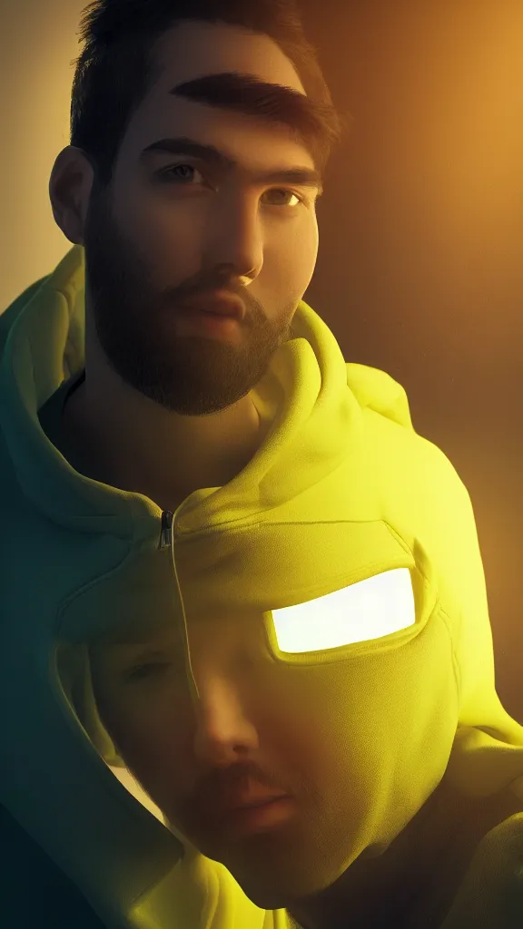 Image similar to close up portrait of young handsome it engineer in a yellow sweatshirt. cyberpunk, volumetric lighting, 4 k, hd, artstation, deviantart