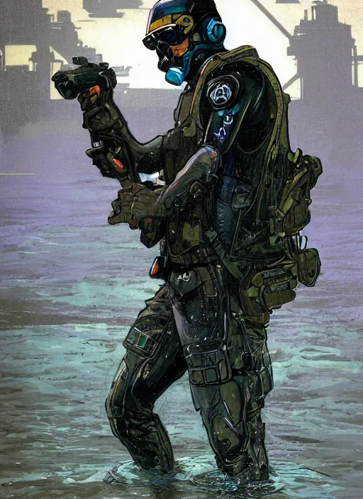 Image similar to Hector. USN blackops operator emerging from water at the shoreline. Operator wearing Futuristic cyberpunk tactical wetsuit and looking at an abandoned shipyard. Frogtrooper. rb6s, MGS, and splinter cell Concept art by James Gurney, Alphonso Mucha. Vivid color scheme.