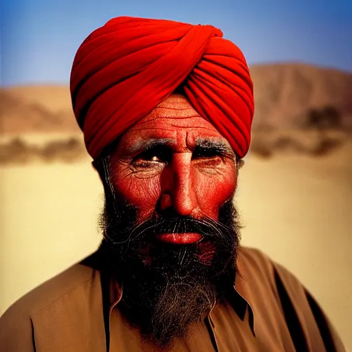 Image similar to portrait of president donald trump as afghan man, green eyes and red turban looking intently, photograph by steve mccurry