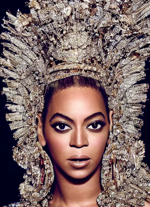 Prompt: photo of beyonce styled by nick knight posing, intricate headpiece, showstudio, face close up, canon, vogue magazine, 2 0 2 0, canon, highly realistic. high resolution. highly detailed. dramatic. 8 k. 4 k.