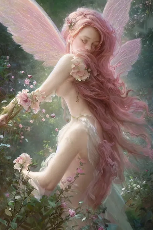 Prompt: a pastel pink beautiful fairy with large wings and flowing hair and beautiful face is exploring her garden, art by greg rutkowski, extremely high detail and compexity, very intricate, full body portrait, soft lighting