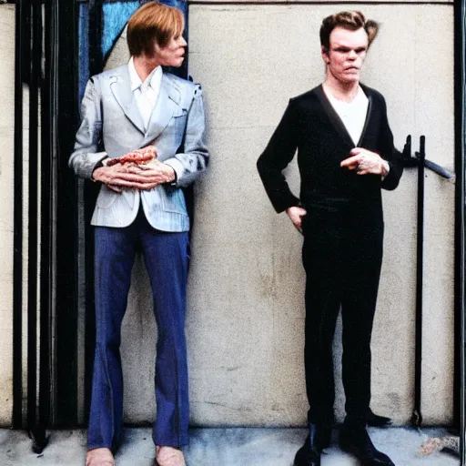 Image similar to David bowie and Michael c hall standing in the streets, nightlife, cityscape, surrealist