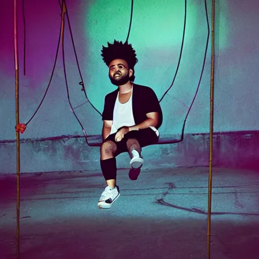 Prompt: photograph of the Weeknd wearing shorts swinging on a swing at night neon lights