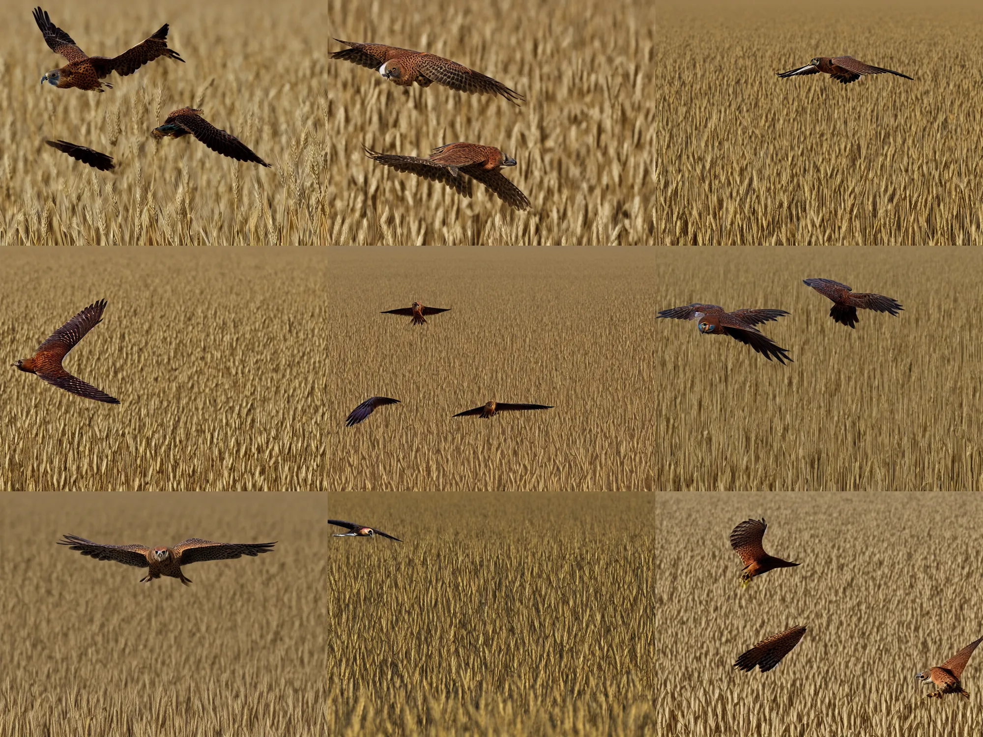 Prompt: kestral flying through a wheat field