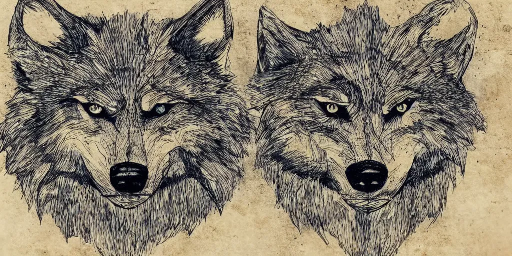 Prompt: face of a wolf in the style of a medieval fantasy map, mountains, forests. Skyrim, Lord of the Rings map, Zelda Breath of the Wild map, drawing on parchment