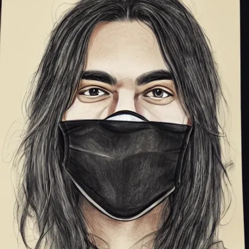 Image similar to professional pencil sketch of a young adult man with slightly long hair wearing a black face mask and an oversized dark sweatshirt and dark sweatpants, high quality, HD, 8K, highly detailed, award-winning