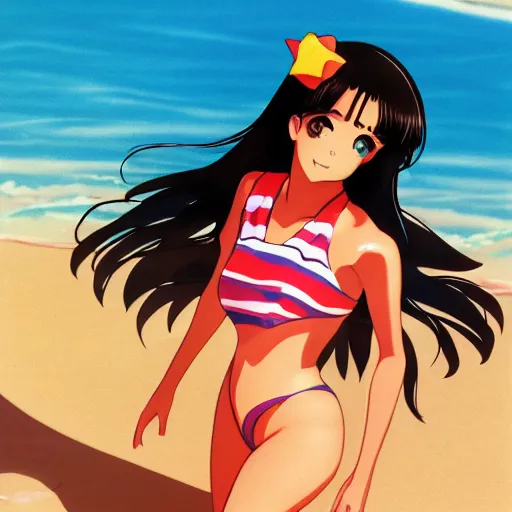 Image similar to girl in a swimsuit at the beach, visual novel cg, 8 0 s anime vibe, kimagure orange road, maison ikkoku, trending on artstation