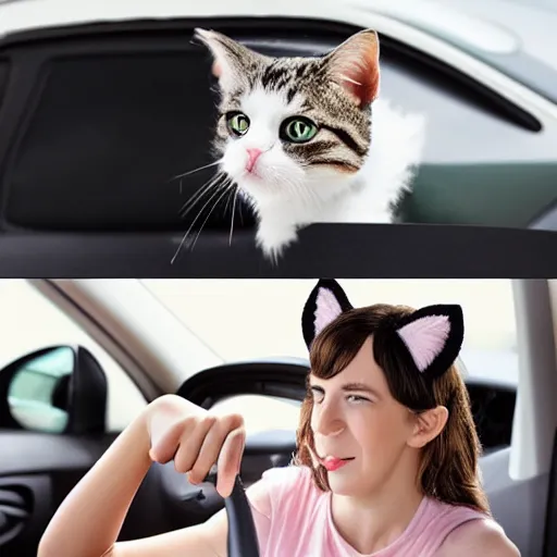 Prompt: small car that has cat ears and whiskers