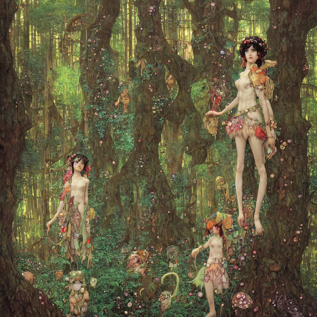 Image similar to Princess Mononoke, lush fairy forest, neon, concept art, schematics, gnarly details painted by gustav klimt, tom bagshaw, norman rockwell, mucha, james gurney, high detail, denoised, sharp, architectural