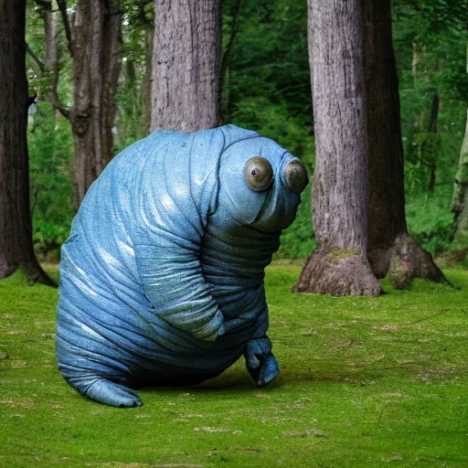 Image similar to a photo of a living 1 meter tardigrade with translucent skin walking in a park. the tardigrade evolved to be this large.