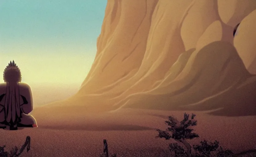 Image similar to a movie still from a studio ghibli movie showing a highly detailed landscape with a giant living buddha walking through the desert. 1 9 8 0's science fiction, 1 9 7 0's science fiction, misty, depth perception, 4 k